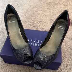 Stuart Weitzman Navy Snakeskin Peep-Toe Heels